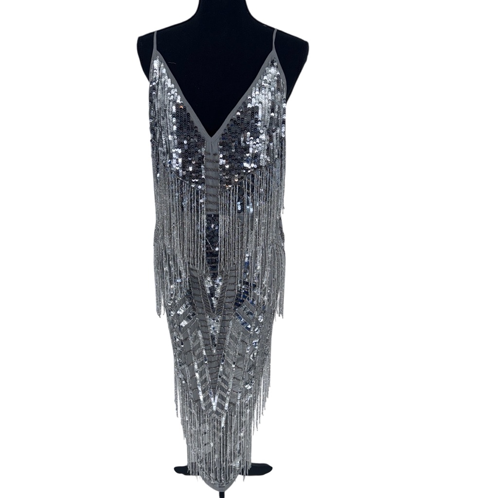 Asos Silver Sequin And Mesh Dress Women’s 12 Maximalist Stretch Beaded New